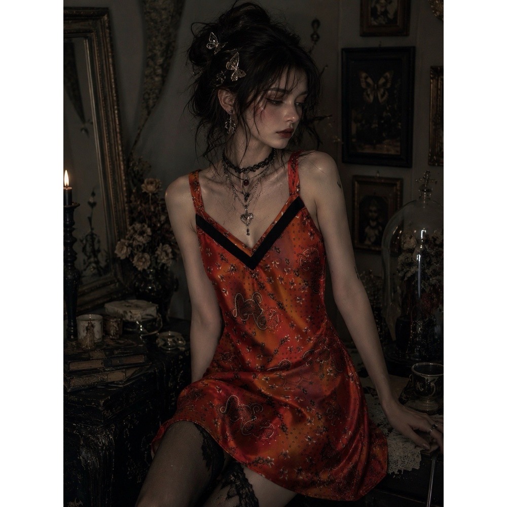 VTG whimsigoth Satin Slip Dress Red Paisley Fairy Grunge Y2K Velvet Trim M 0362